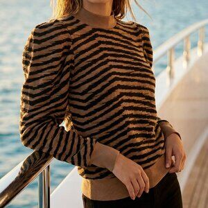 NWT Agolde Tan Black serpentine Crewneck puff sleeve French terry Sweatshirt XS